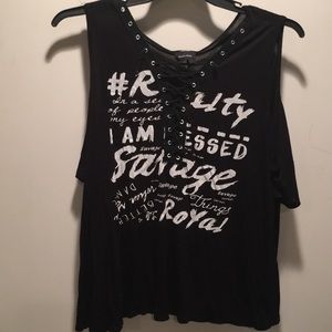 Short sleeve cold shoulder shirt.